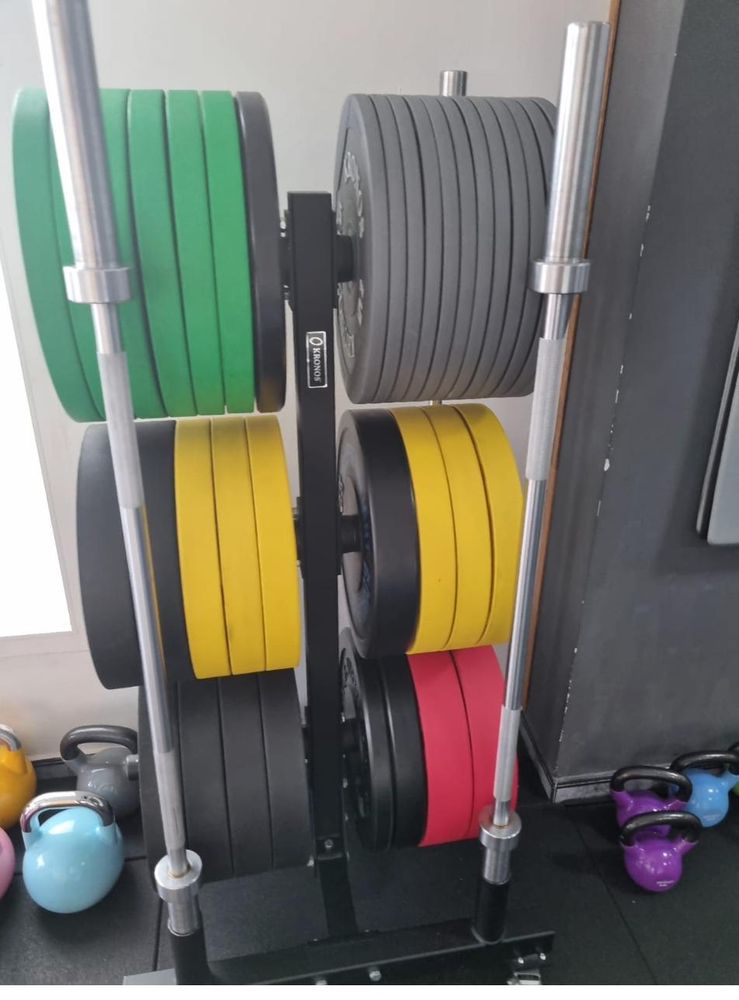 Discos bumper Kronos en el soporte vertical